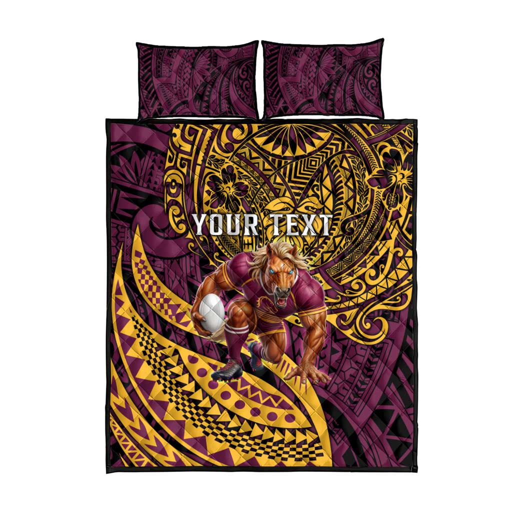 Personalised Brisbane Broncos Quilt Bed Set Polynesian Pattern Warrior Horse Rugby
