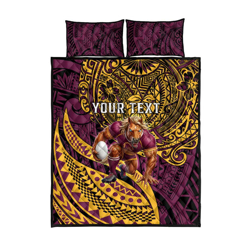 Personalised Brisbane Broncos Quilt Bed Set Polynesian Pattern Warrior Horse Rugby