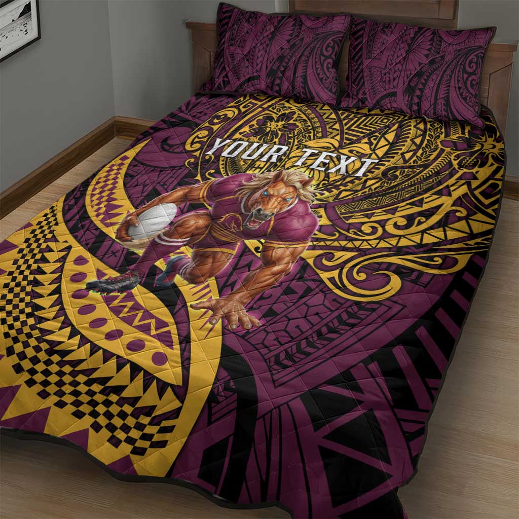 Personalised Brisbane Broncos Quilt Bed Set Polynesian Pattern Warrior Horse Rugby