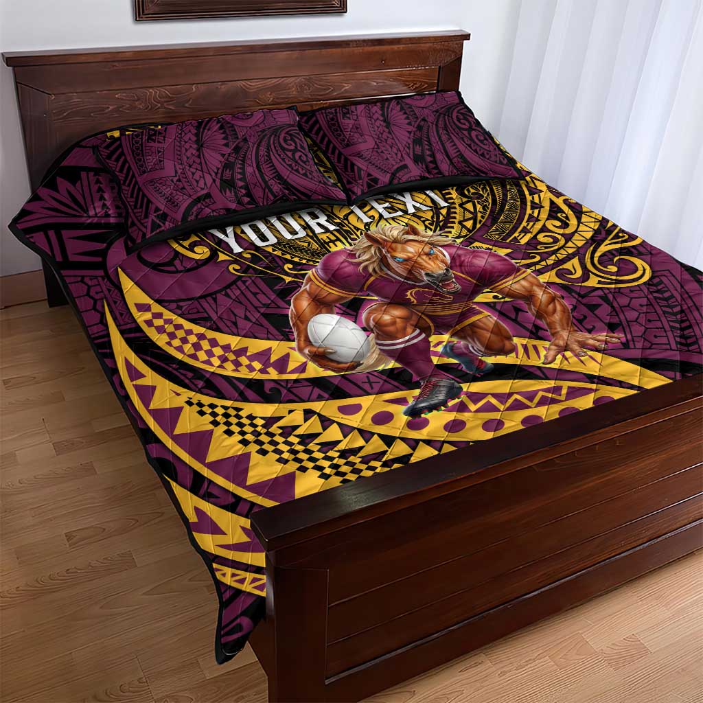 Personalised Brisbane Broncos Quilt Bed Set Polynesian Pattern Warrior Horse Rugby