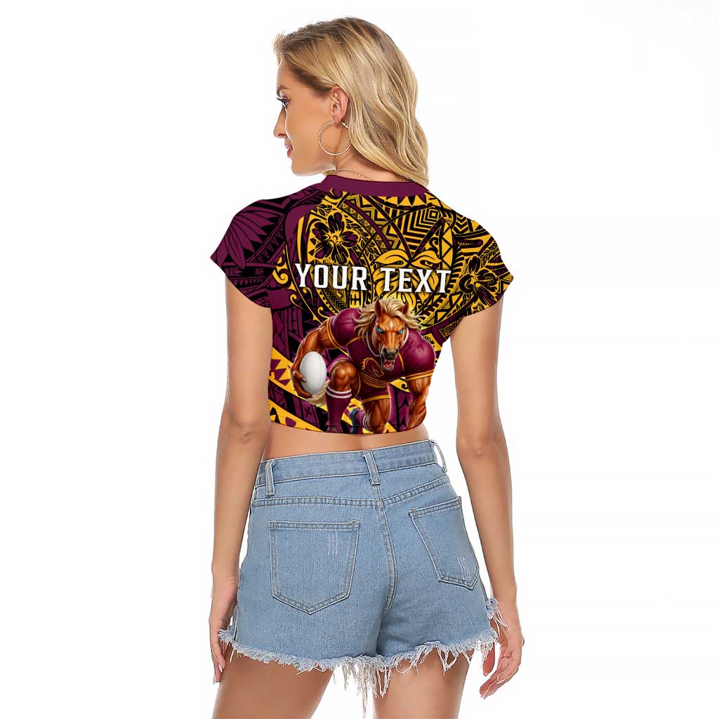 Personalised Brisbane Broncos Raglan Cropped T Shirt Polynesian Pattern Warrior Horse Rugby