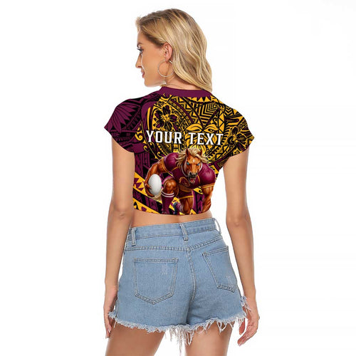 Personalised Brisbane Broncos Raglan Cropped T Shirt Polynesian Pattern Warrior Horse Rugby