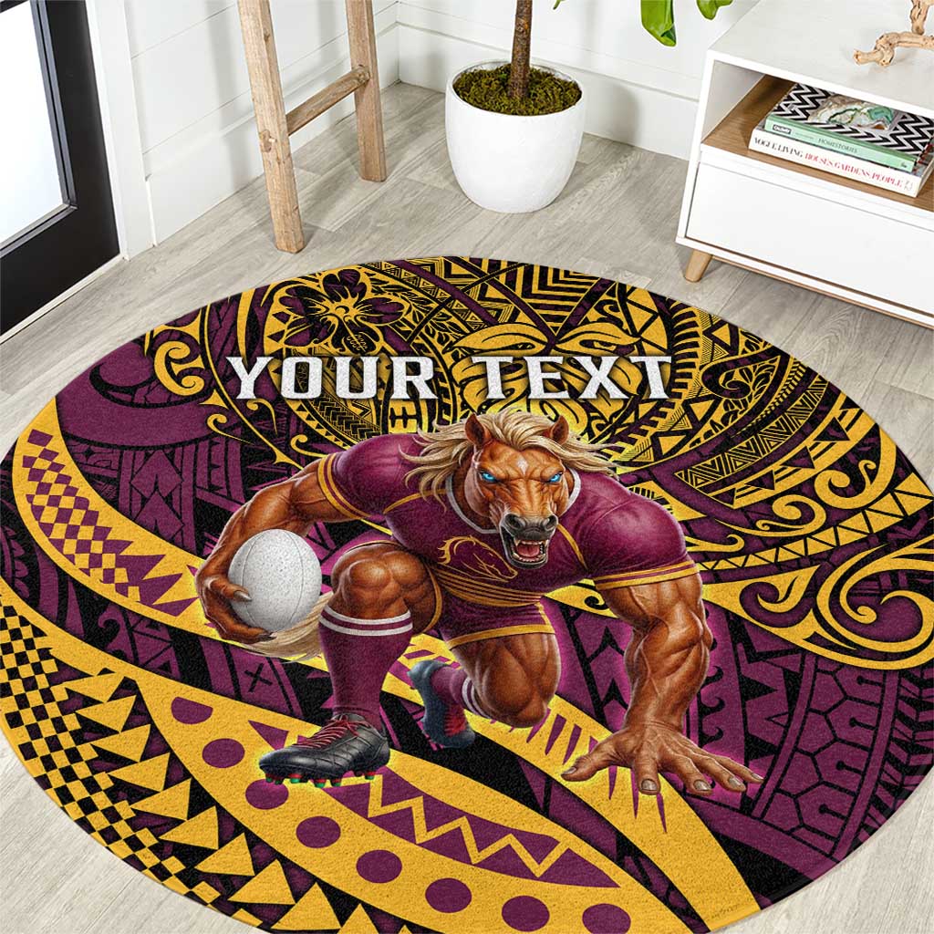Personalised Brisbane Broncos Round Carpet Polynesian Pattern Warrior Horse Rugby