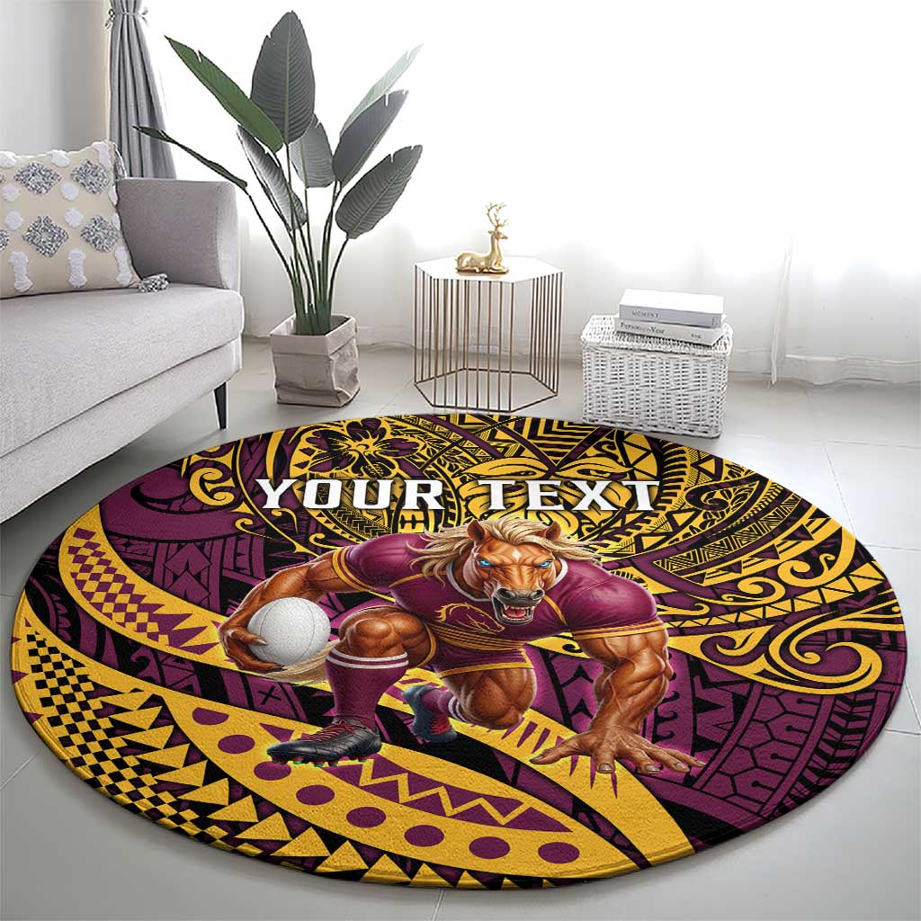 Personalised Brisbane Broncos Round Carpet Polynesian Pattern Warrior Horse Rugby