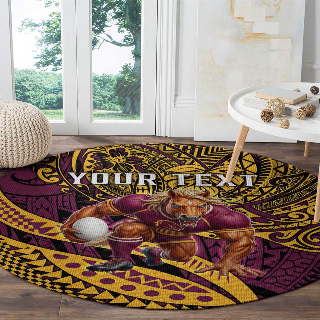 Personalised Brisbane Broncos Round Carpet Polynesian Pattern Warrior Horse Rugby