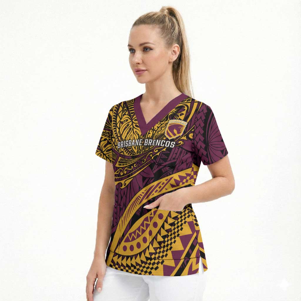 Personalised Brisbane Broncos Scrub Top Polynesian Pattern Warrior Horse Rugby