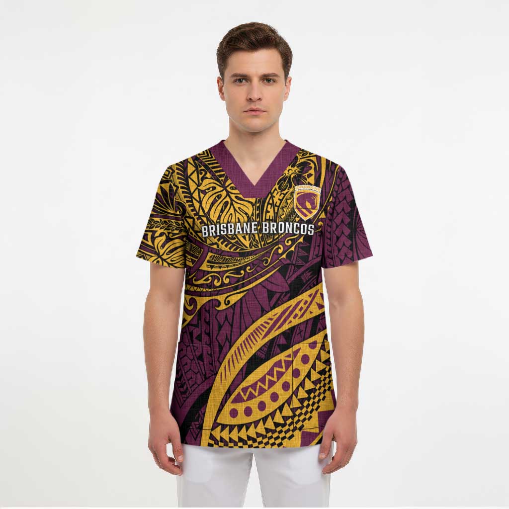 Personalised Brisbane Broncos Scrub Top Polynesian Pattern Warrior Horse Rugby