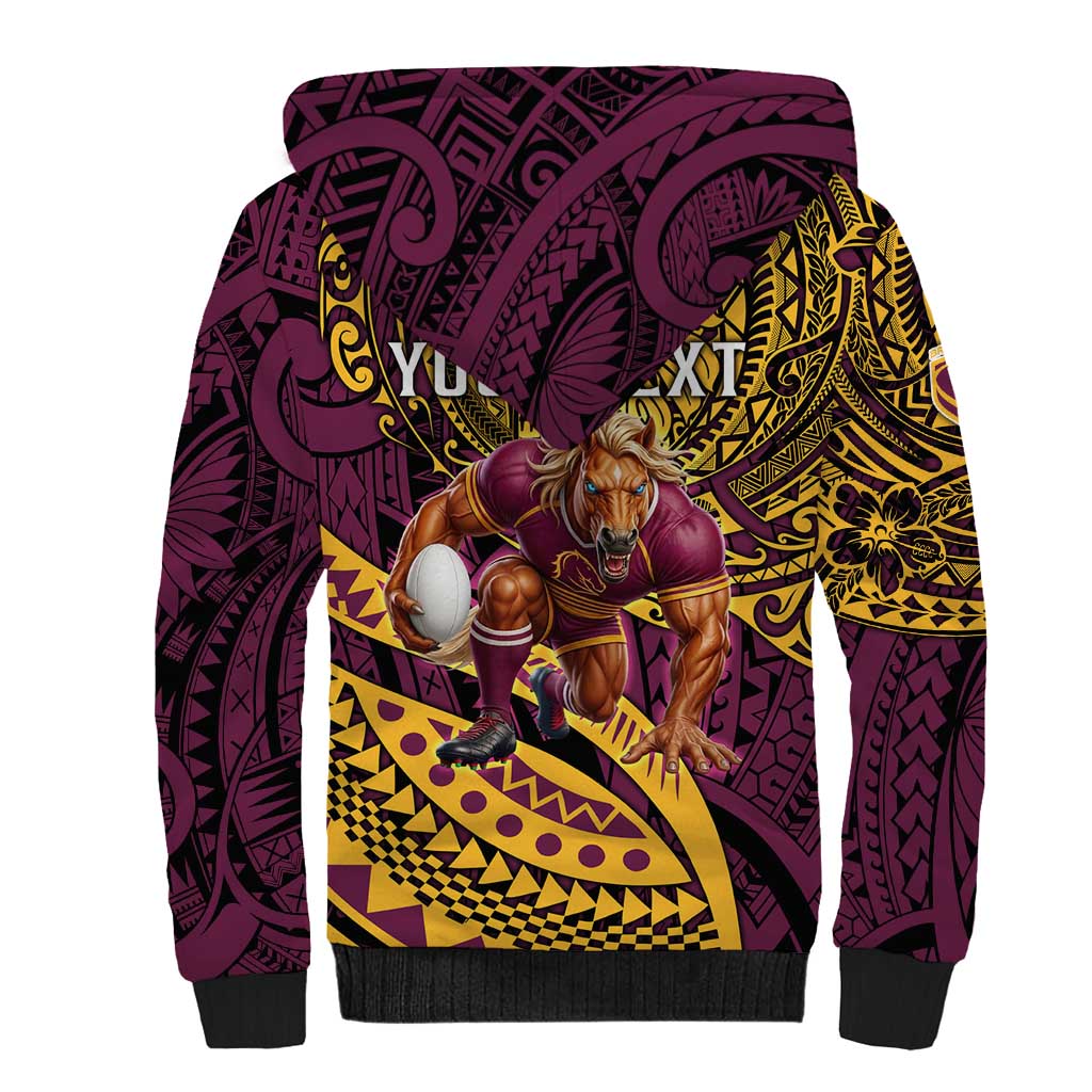 Personalised Brisbane Broncos Sherpa Hoodie Polynesian Pattern Warrior Horse Rugby