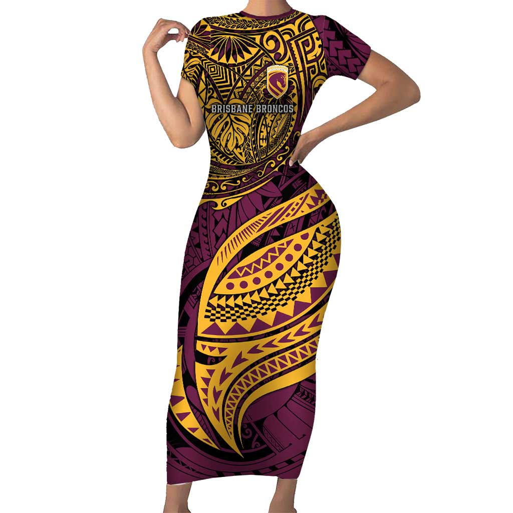 Personalised Brisbane Broncos Short Sleeve Bodycon Dress Polynesian Pattern Warrior Horse Rugby