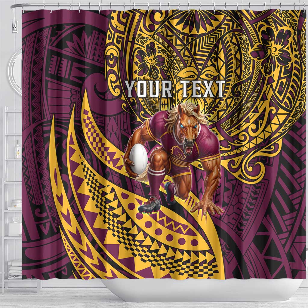 Personalised Brisbane Broncos Shower Curtain Polynesian Pattern Warrior Horse Rugby