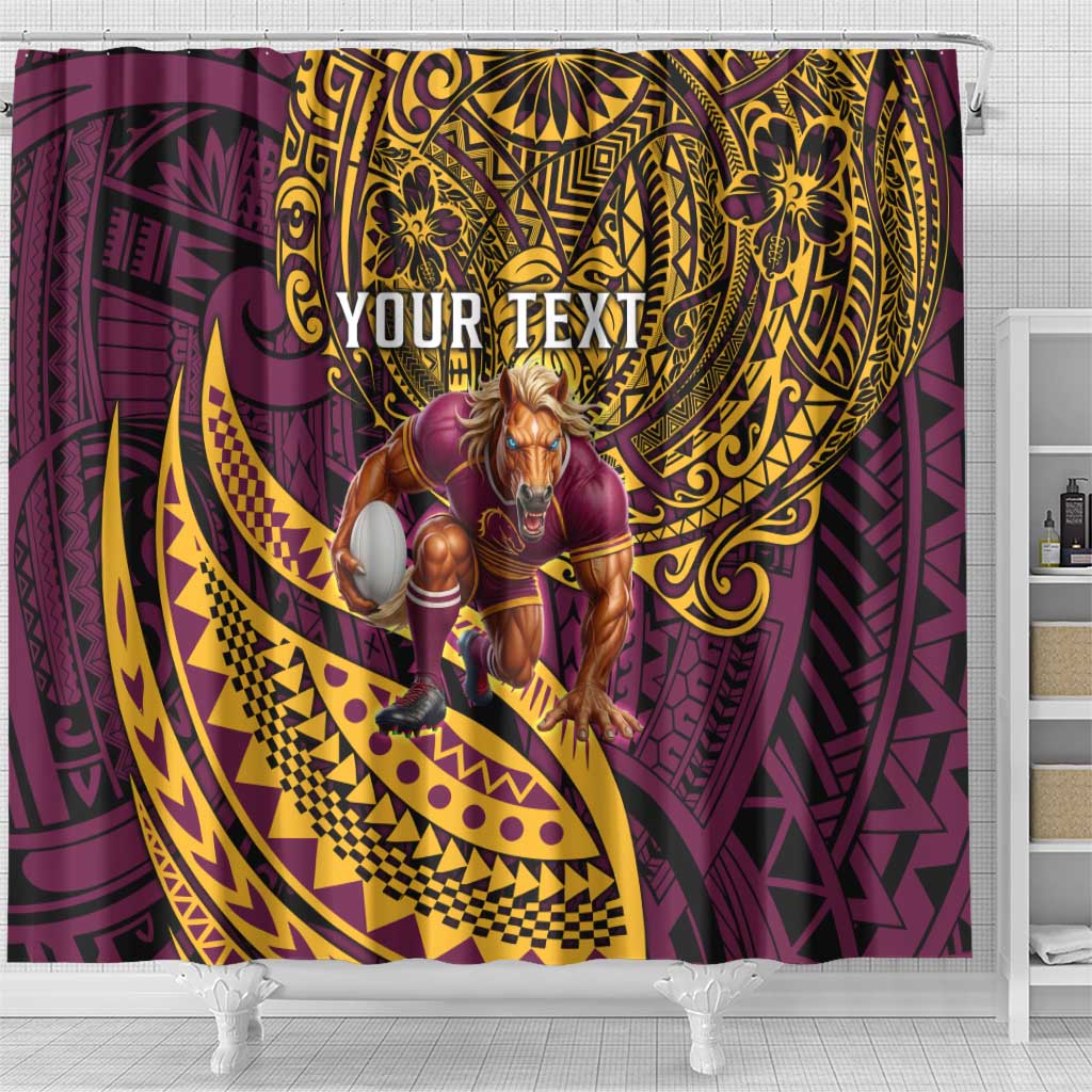 Personalised Brisbane Broncos Shower Curtain Polynesian Pattern Warrior Horse Rugby