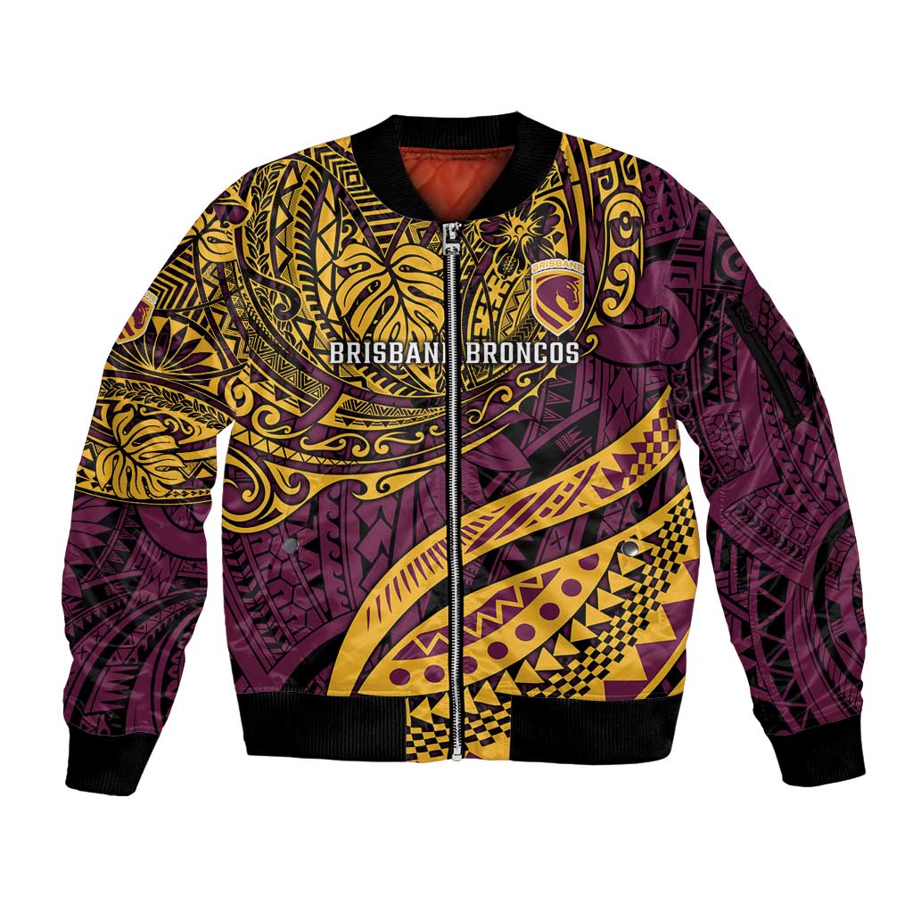 Personalised Brisbane Broncos Sleeve Zip Bomber Jacket Polynesian Pattern Warrior Horse Rugby