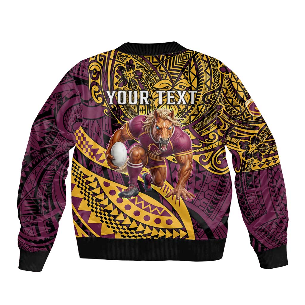 Personalised Brisbane Broncos Sleeve Zip Bomber Jacket Polynesian Pattern Warrior Horse Rugby