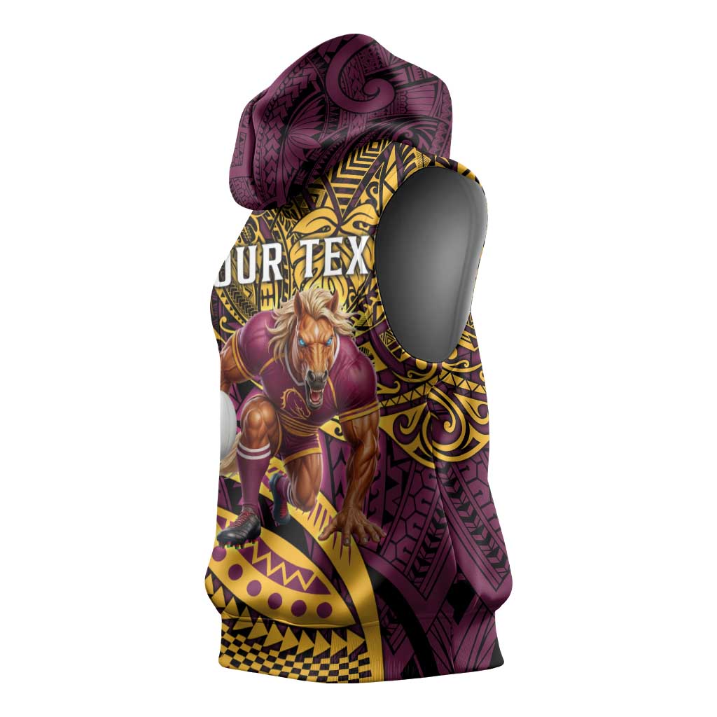 Personalised Brisbane Broncos Sleeveless Hoodie Polynesian Pattern Warrior Horse Rugby