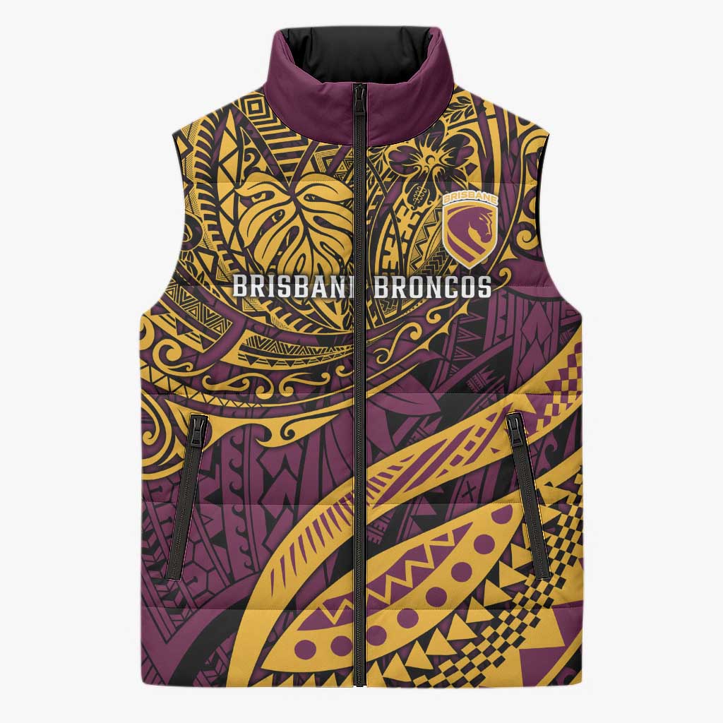 Personalised Brisbane Broncos Sleeveless Puffer Jacket Polynesian Pattern Warrior Horse Rugby