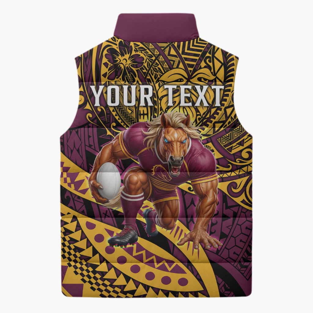Personalised Brisbane Broncos Sleeveless Puffer Jacket Polynesian Pattern Warrior Horse Rugby