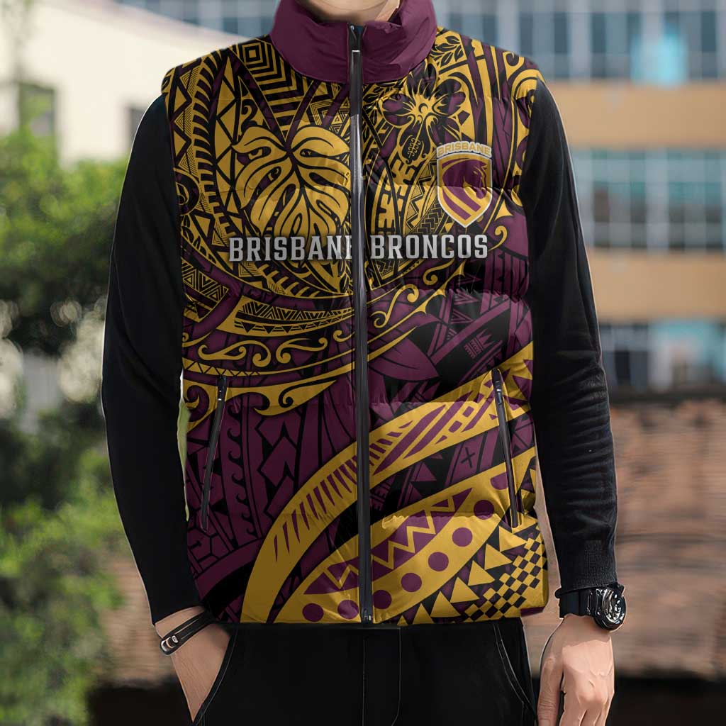 Personalised Brisbane Broncos Sleeveless Puffer Jacket Polynesian Pattern Warrior Horse Rugby