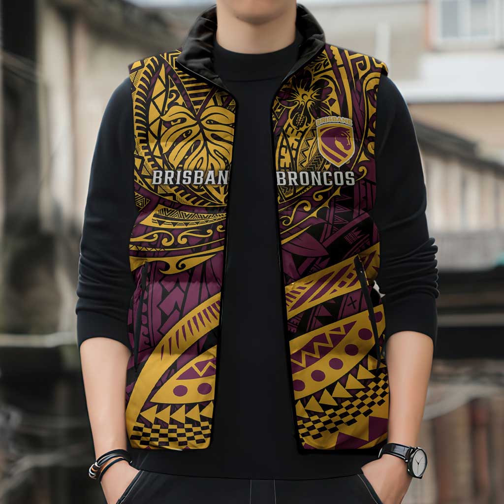 Personalised Brisbane Broncos Sleeveless Puffer Jacket Polynesian Pattern Warrior Horse Rugby