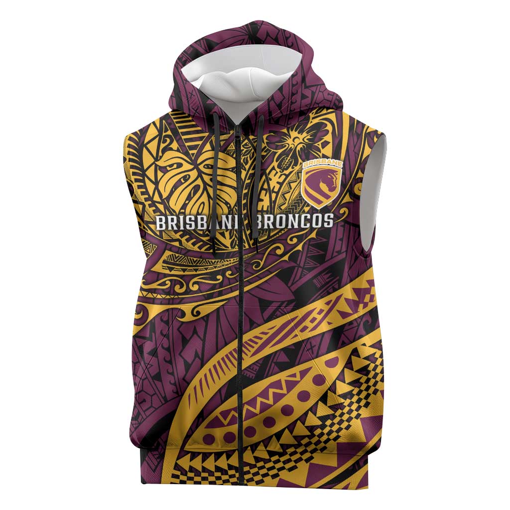 Personalised Brisbane Broncos Sleeveless Zip Hoodie Polynesian Pattern Warrior Horse Rugby