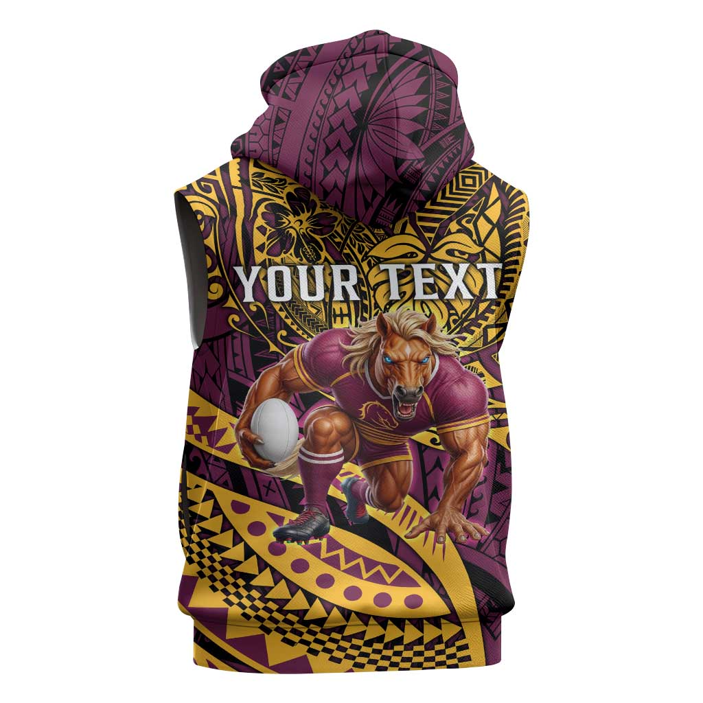 Personalised Brisbane Broncos Sleeveless Zip Hoodie Polynesian Pattern Warrior Horse Rugby