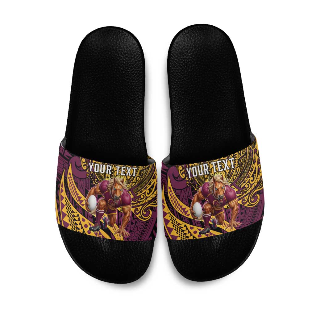 Personalised Brisbane Broncos Slide Sandals Polynesian Pattern Warrior Horse Rugby