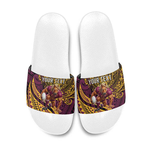 Personalised Brisbane Broncos Slide Sandals Polynesian Pattern Warrior Horse Rugby