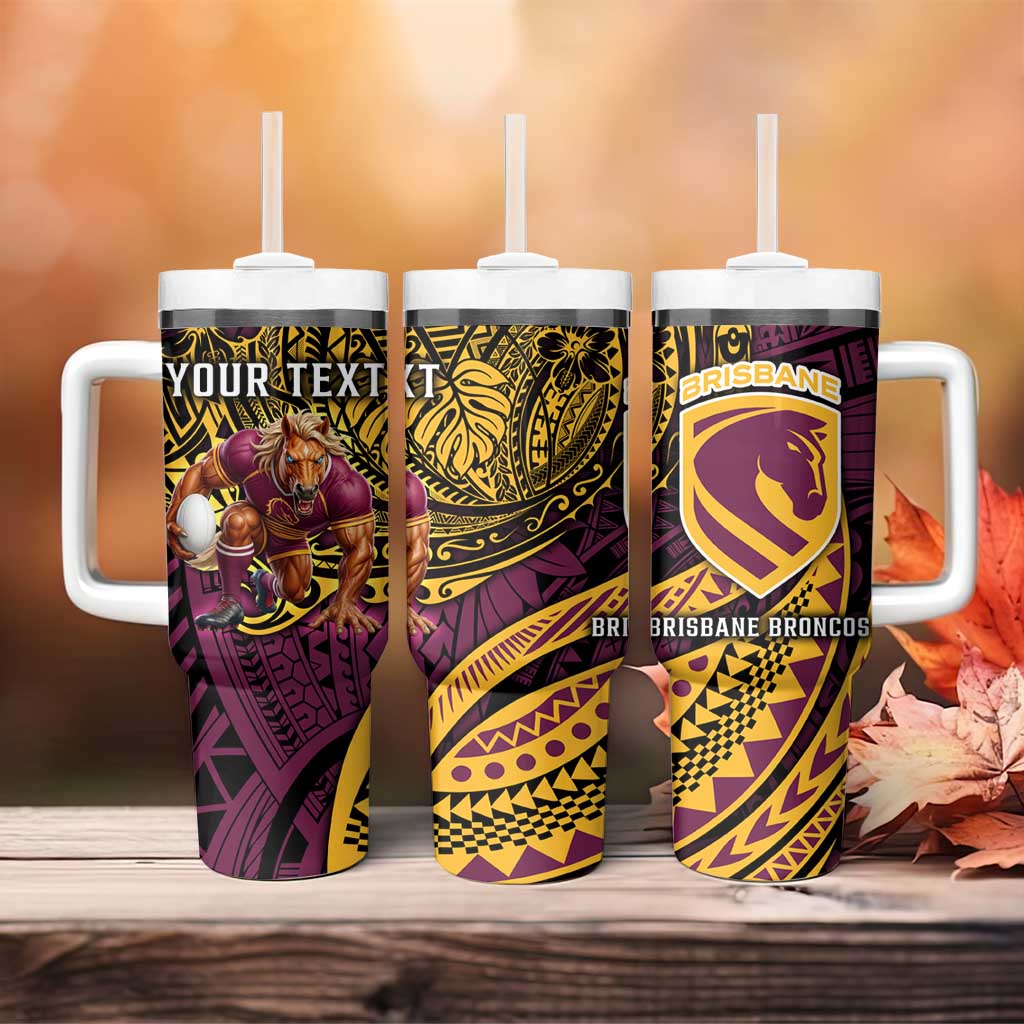 Personalised Brisbane Broncos Tumbler With Handle Polynesian Pattern Warrior Horse Rugby