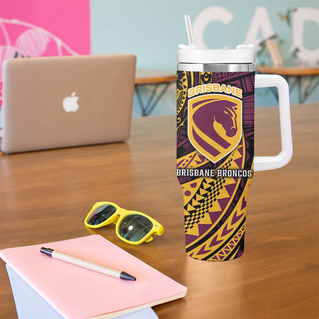 Personalised Brisbane Broncos Tumbler With Handle Polynesian Pattern Warrior Horse Rugby