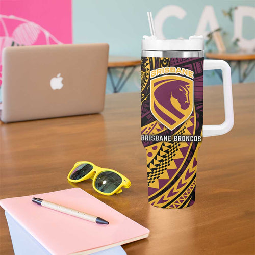 Personalised Brisbane Broncos Tumbler With Handle Polynesian Pattern Warrior Horse Rugby