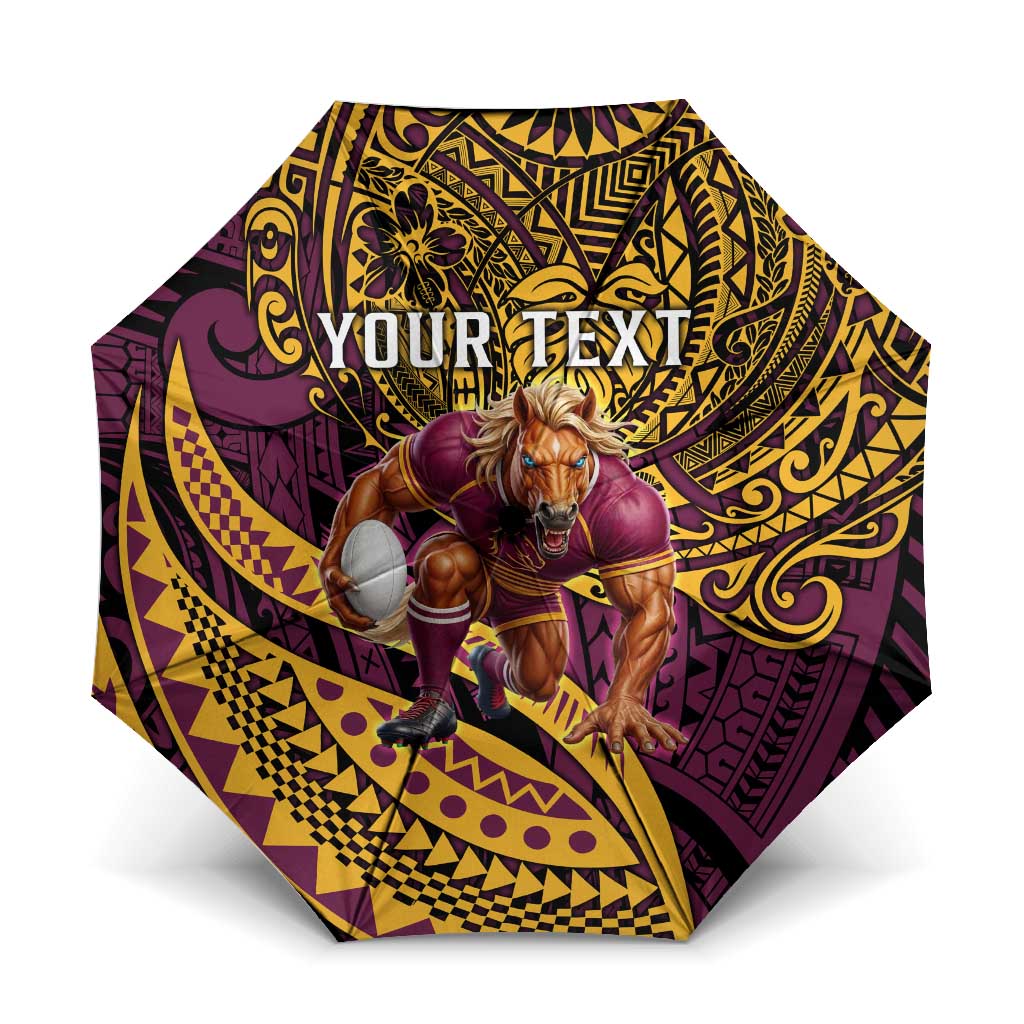 Personalised Brisbane Broncos Umbrella Polynesian Pattern Warrior Horse Rugby
