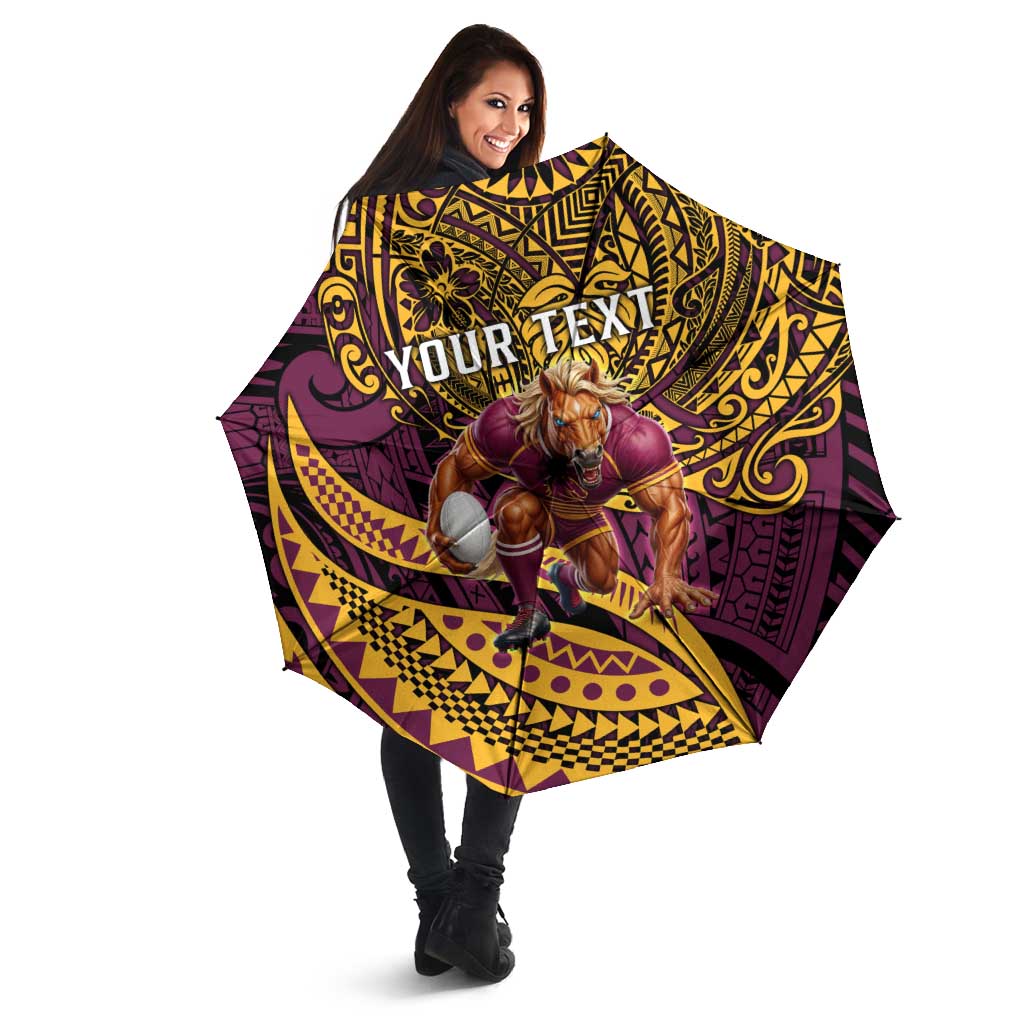 Personalised Brisbane Broncos Umbrella Polynesian Pattern Warrior Horse Rugby
