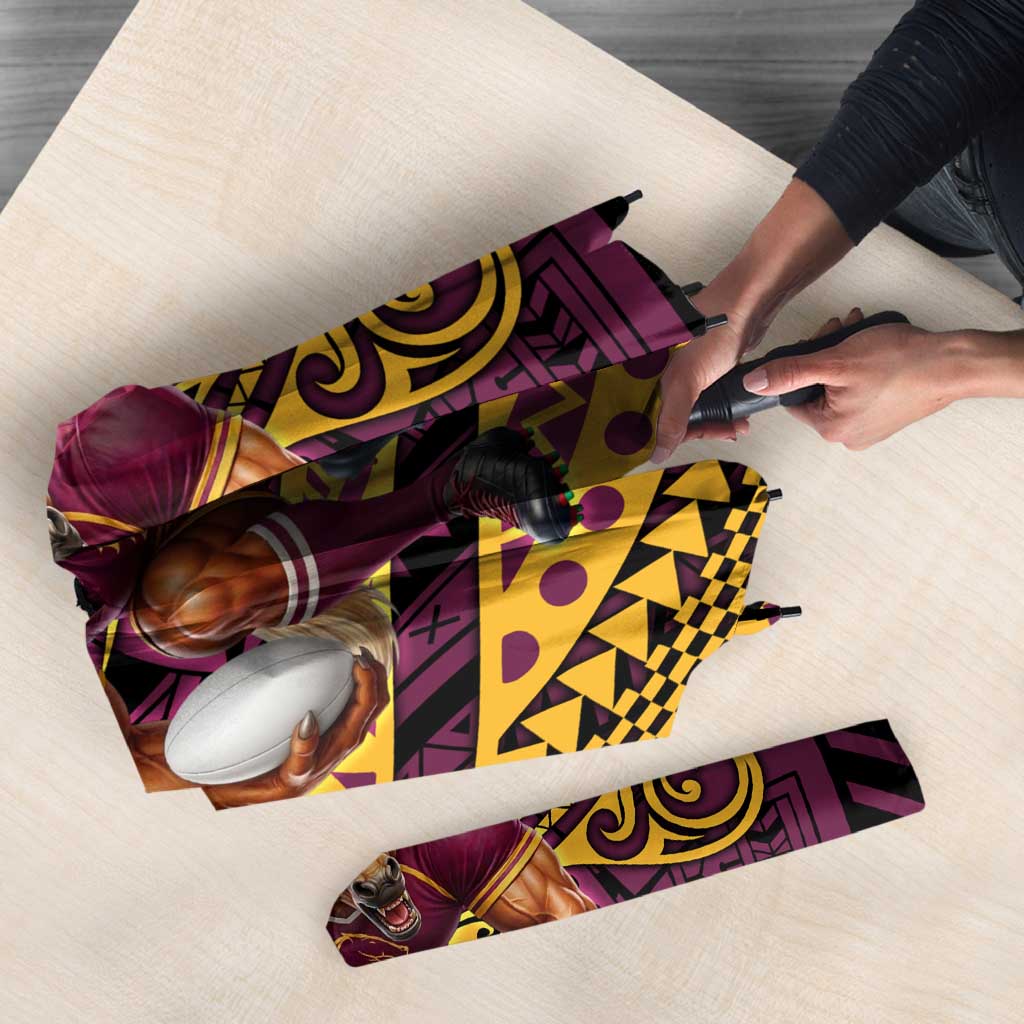 Personalised Brisbane Broncos Umbrella Polynesian Pattern Warrior Horse Rugby