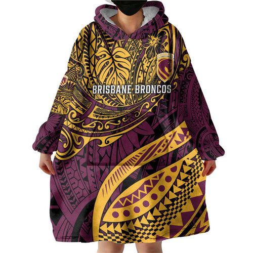 Personalised Brisbane Broncos Wearable Blanket Hoodie Polynesian Pattern Warrior Horse Rugby