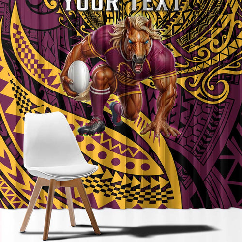 Personalised Brisbane Broncos Window Curtain Polynesian Pattern Warrior Horse Rugby