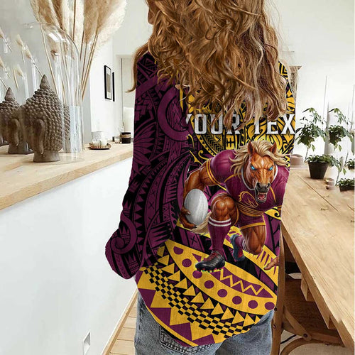 Personalised Brisbane Broncos Women Casual Shirt Polynesian Pattern Warrior Horse Rugby