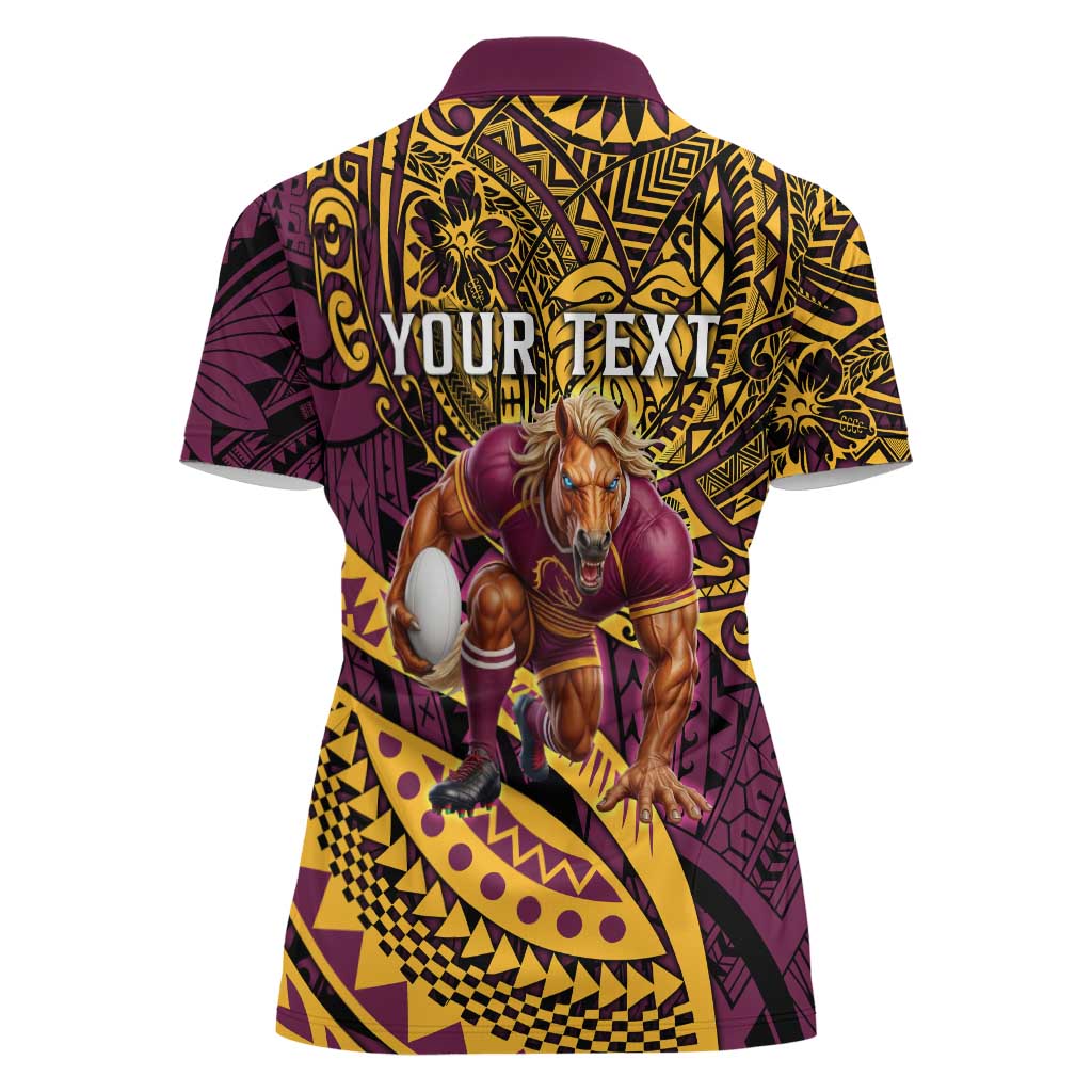 Personalised Brisbane Broncos Women Polo Shirt Polynesian Pattern Warrior Horse Rugby