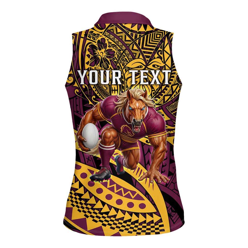 Personalised Brisbane Broncos Women Sleeveless Polo Shirt Polynesian Pattern Warrior Horse Rugby