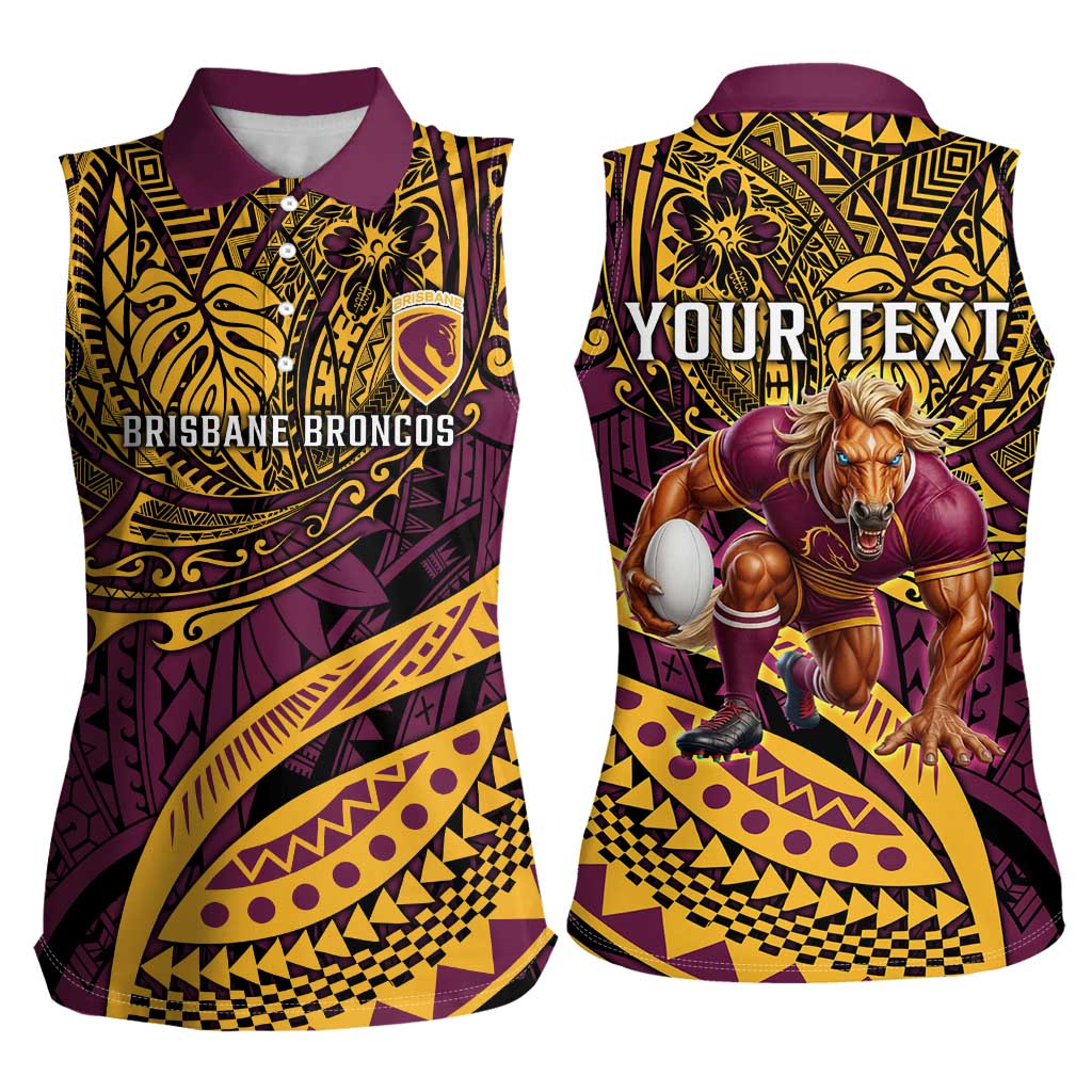 Personalised Brisbane Broncos Women Sleeveless Polo Shirt Polynesian Pattern Warrior Horse Rugby