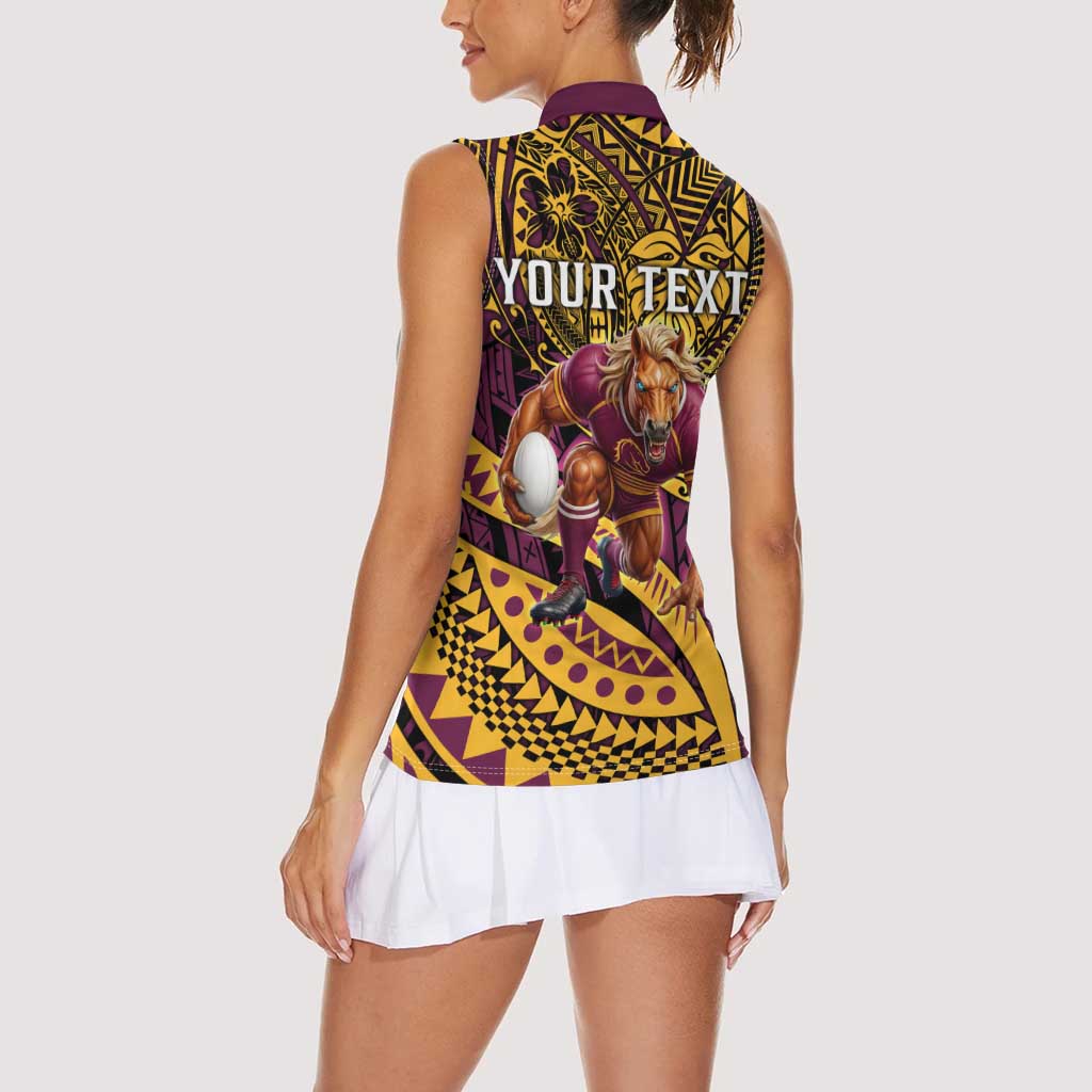 Personalised Brisbane Broncos Women Sleeveless Polo Shirt Polynesian Pattern Warrior Horse Rugby