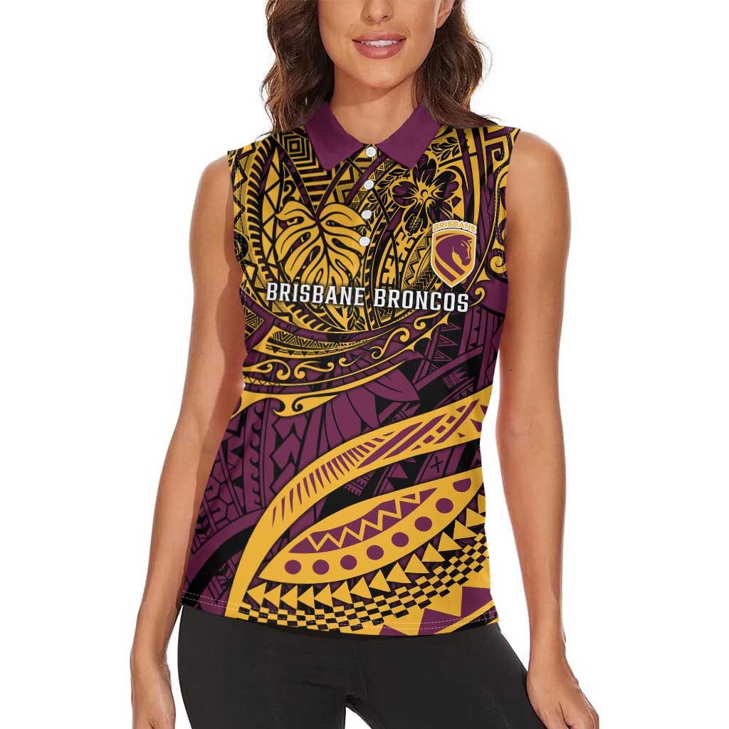 Personalised Brisbane Broncos Women Sleeveless Polo Shirt Polynesian Pattern Warrior Horse Rugby