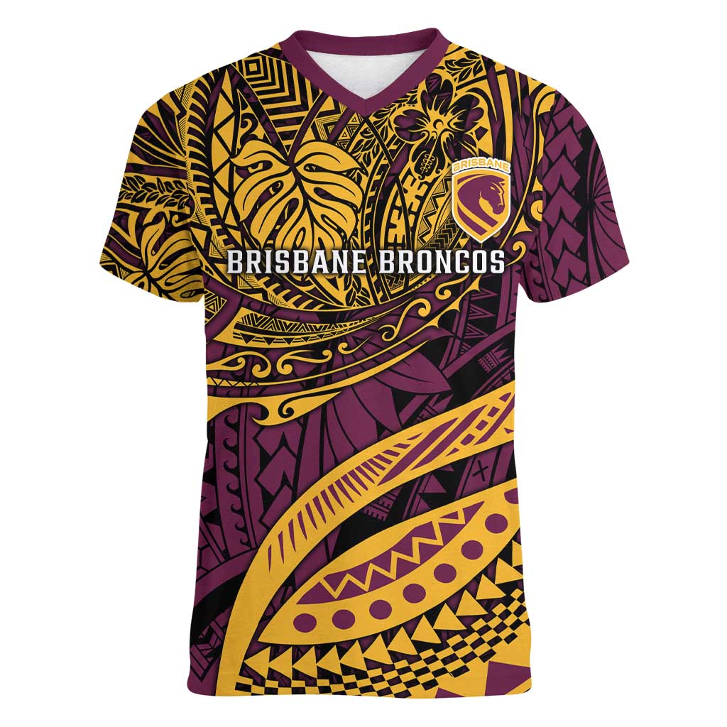 Personalised Brisbane Broncos Women V-Neck T-Shirt Polynesian Pattern Warrior Horse Rugby