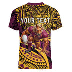 Personalised Brisbane Broncos Women V-Neck T-Shirt Polynesian Pattern Warrior Horse Rugby
