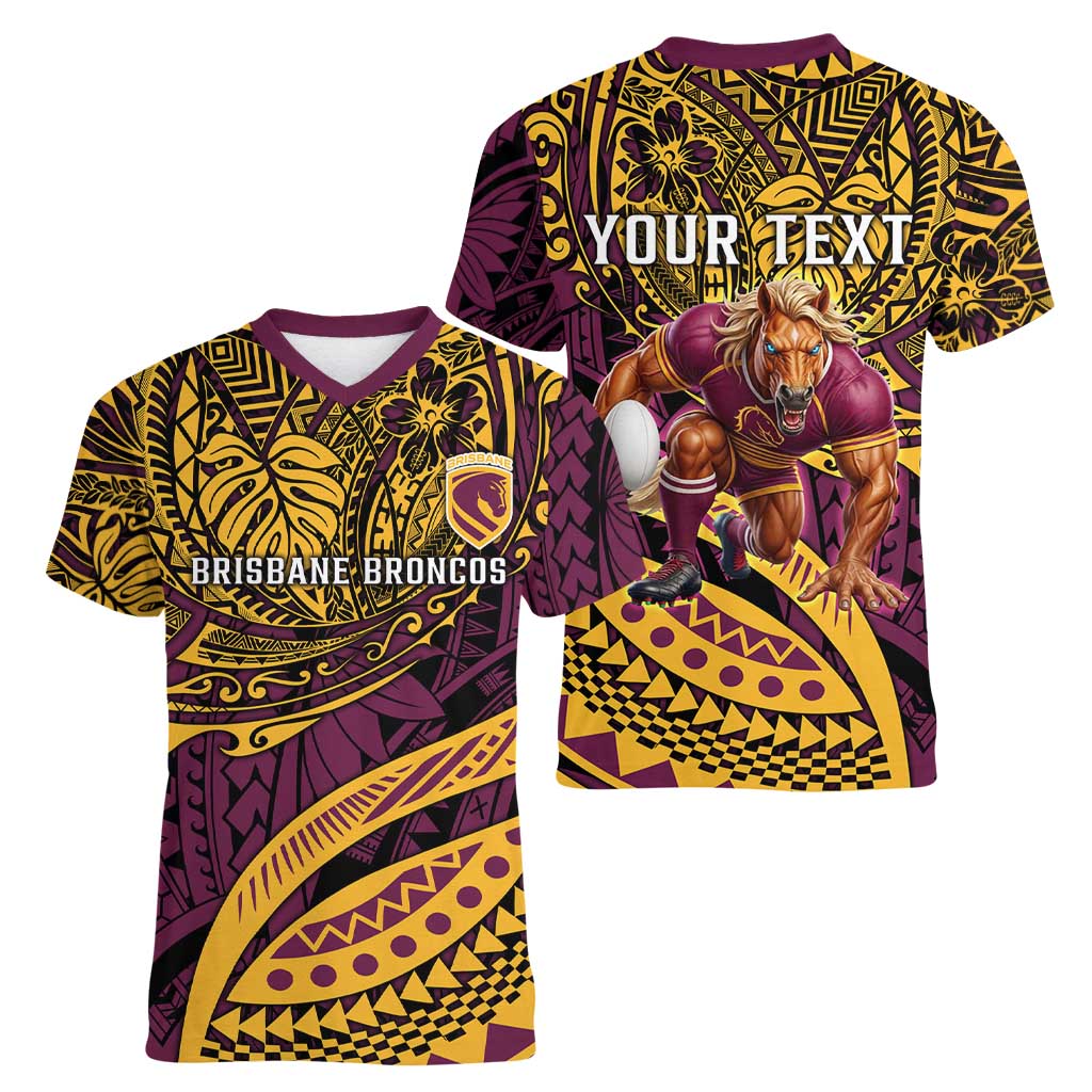 Personalised Brisbane Broncos Women V-Neck T-Shirt Polynesian Pattern Warrior Horse Rugby