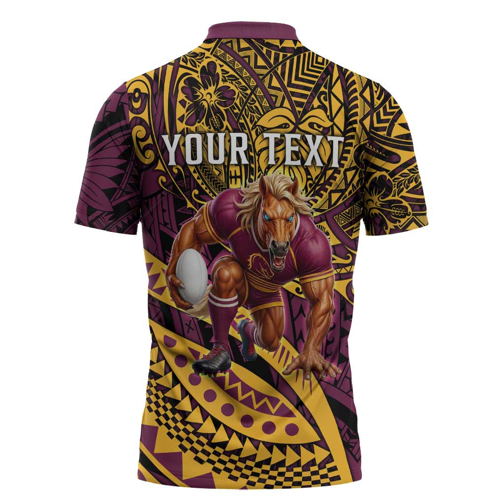 Personalised Brisbane Broncos Zipper Polo Shirt Polynesian Pattern Warrior Horse Rugby