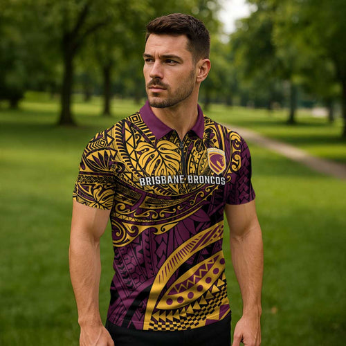 Personalised Brisbane Broncos Zipper Polo Shirt Polynesian Pattern Warrior Horse Rugby