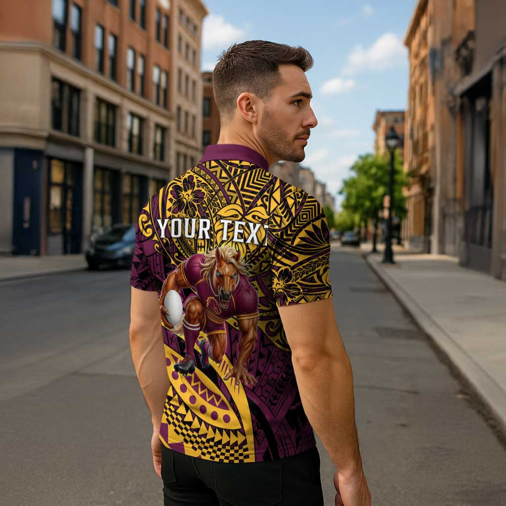Personalised Brisbane Broncos Zipper Polo Shirt Polynesian Pattern Warrior Horse Rugby