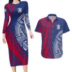 Personalised Western Bulldogs Mascot Couples Matching Long Sleeve Bodycon Dress and Hawaiian Shirt Polynesian Tribal Pattern Bold Bulldog Football