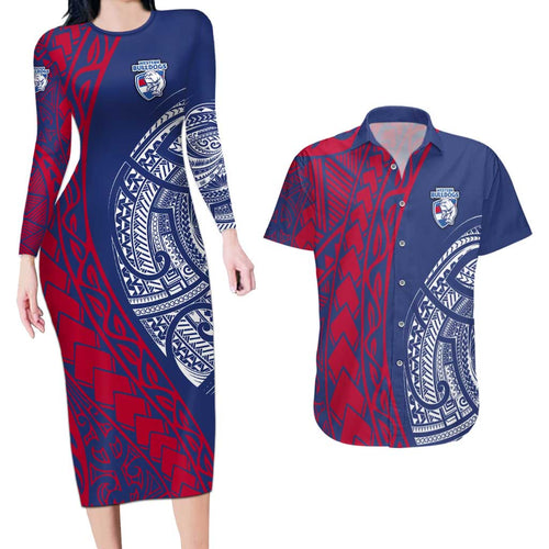 Personalised Western Bulldogs Mascot Couples Matching Long Sleeve Bodycon Dress and Hawaiian Shirt Polynesian Tribal Pattern Bold Bulldog Football