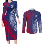Personalised Western Bulldogs Mascot Couples Matching Long Sleeve Bodycon Dress and Long Sleeve Button Shirt Polynesian Tribal Pattern Bold Bulldog Football