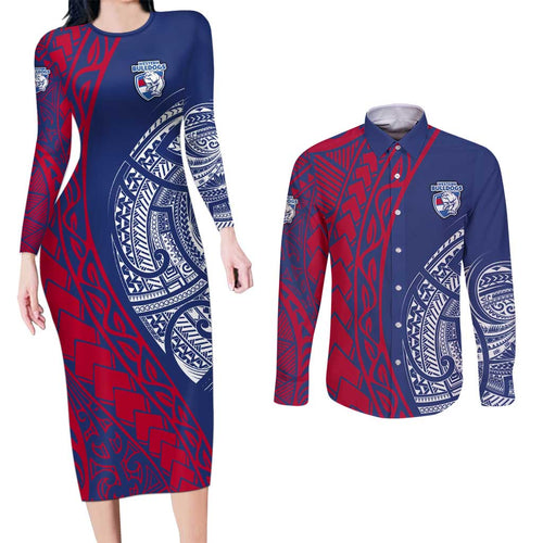 Personalised Western Bulldogs Mascot Couples Matching Long Sleeve Bodycon Dress and Long Sleeve Button Shirt Polynesian Tribal Pattern Bold Bulldog Football